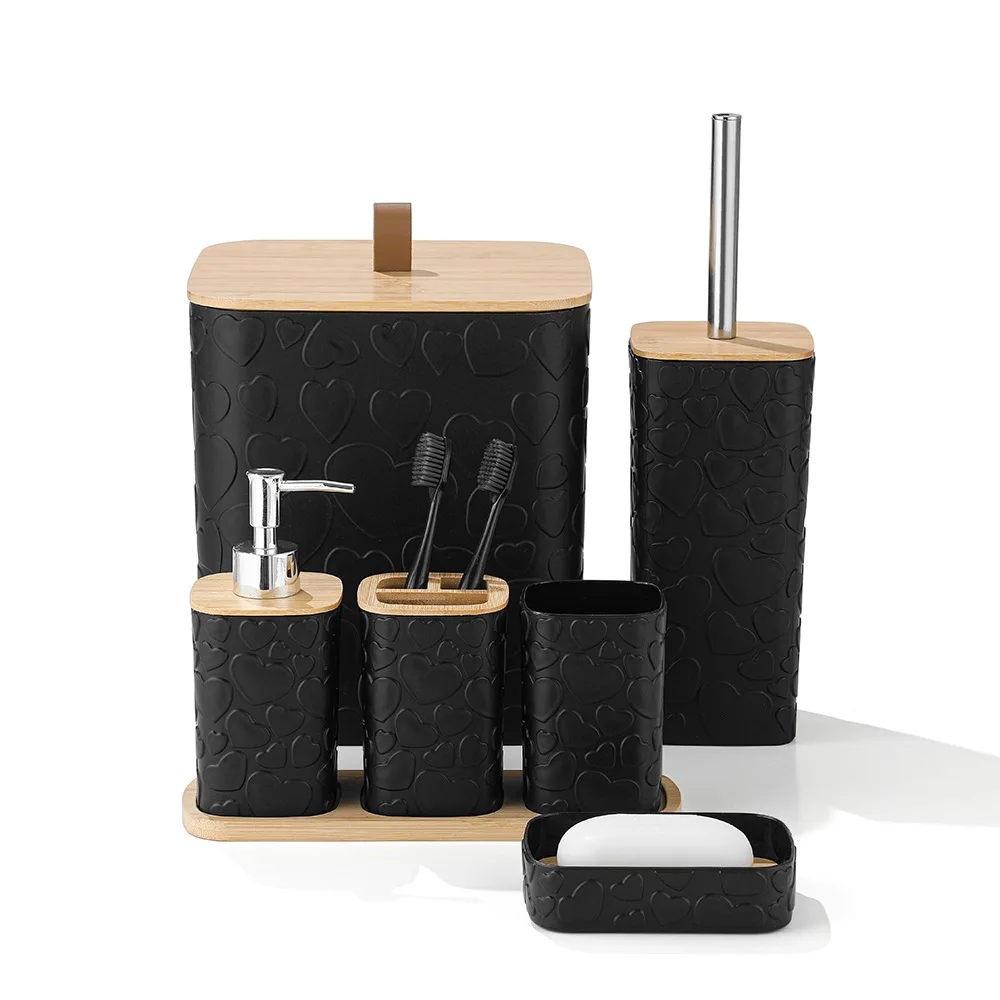 

7 шт./компл., дозатор мыла, коробка для туалетной щетки, бутылка для лосьона, мусорный бамбуковый пластиковый набор для хранения в ванной комнате, держатель для зубной щетки