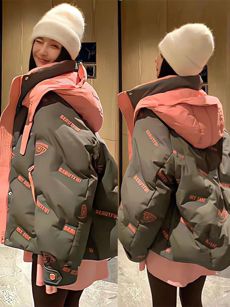 Fashionable Heavy-Weight Color Block Hooded down Jacket Women's Winter Warm Cotton Coat Letter Pattern All-Match Outerwear