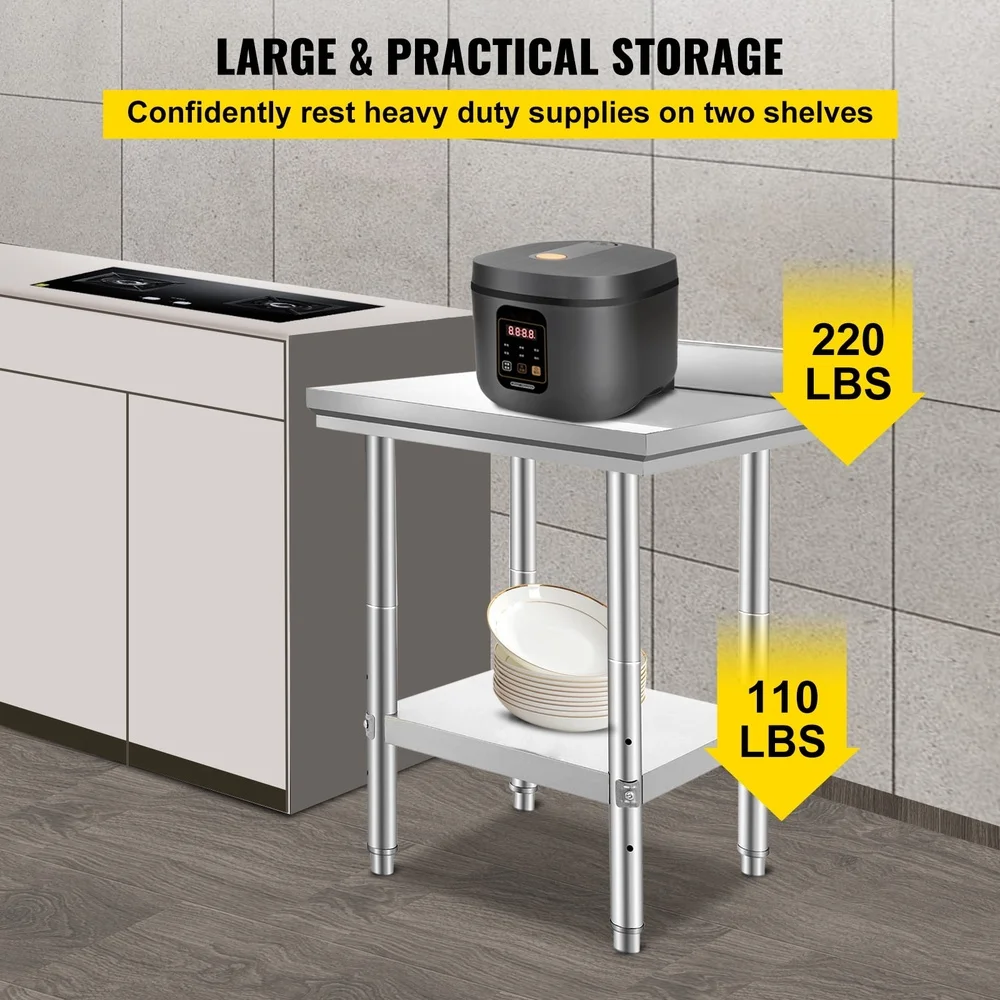 Stainless Steel Commercial Kitchen Prep Table Heavy Duty Worktable with Adjustable Shelves Food Preparation and Storage