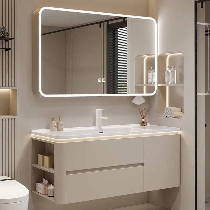 Modern Bathroom Intelligent Waterproof  Cabinet Combination Simple Washbasin Ceramic Integrated Storage Bathroom Mirror Cabinet