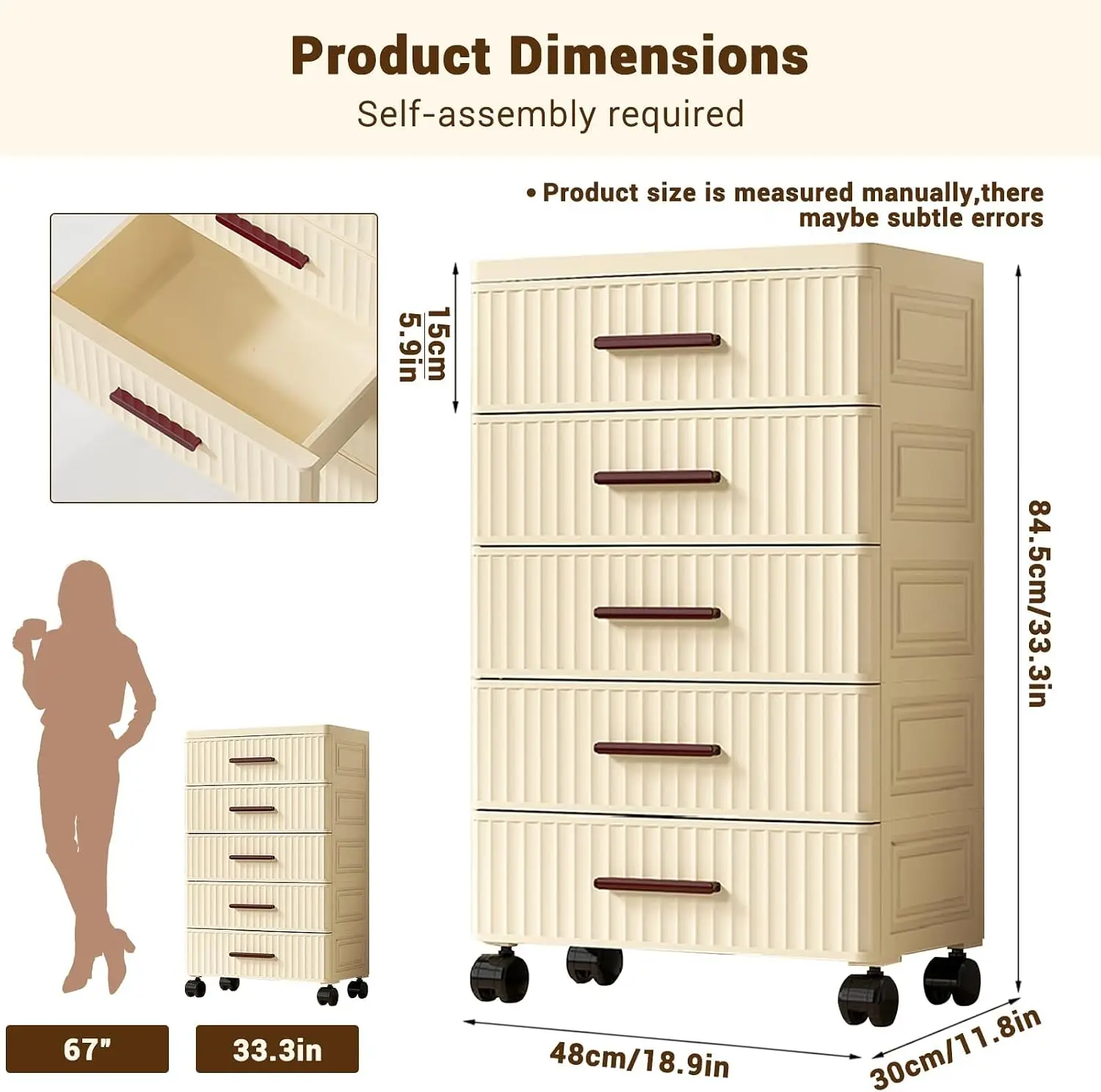 5-Drawer Storage Dresser Tower, Plastic Rolling Cabinet with Wheels, Freestanding Nightstand Side Table for Bedroom, Living Room, Office, Durable Modern Organizer Unit with Ample Storage Space