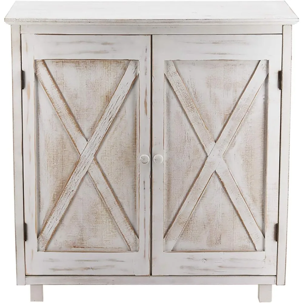 

White Farmhouse Barn Door Accent Wooden Storage Cabinet with 2 Doors, Entry Bar Storage Table, Country Style Furniture,32 H