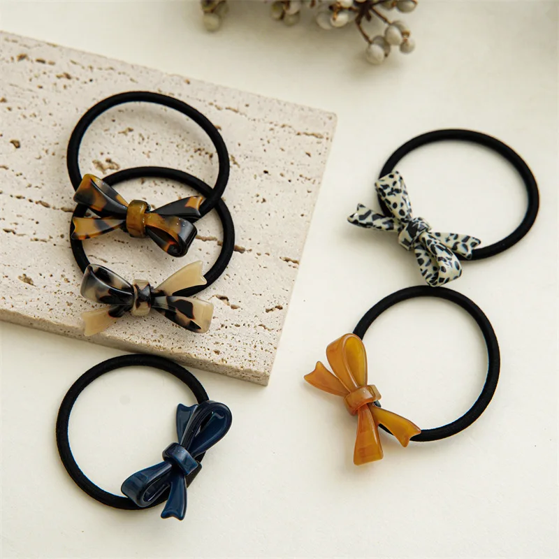 Fashion Korean Style Acetic Acid Acrylic Bow Hair Tie Leopard Tortoise Plastic Bowknot Elastic Hair Band Women Ponytail Holder