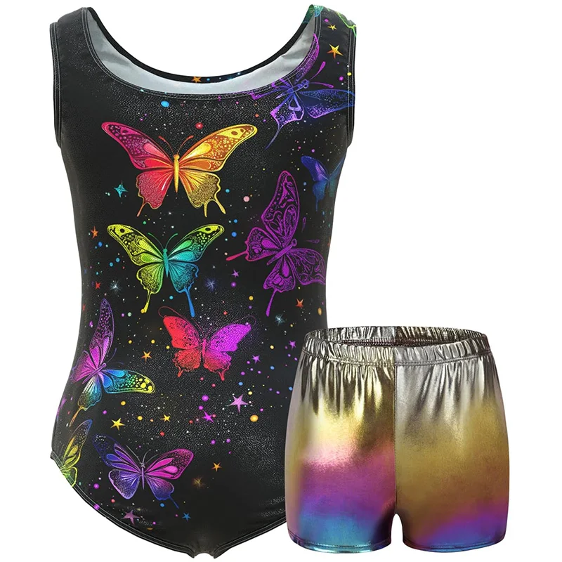 الفتيات 4 قطعة قميص قصير بلا أكمام الباليه الرقص ثياب لفتاة الجمباز الرقص تراجع وتتسابق مع مطابقة السراويل هيرباند #2