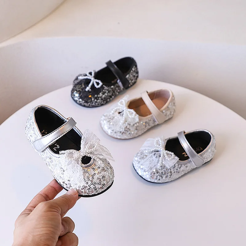 

Girls Leather Shoes Sweet Sequins Princess Children's Flats Bowknot Wedding Party Kids Fashion Causal Ballet Shoes Spring Autumn