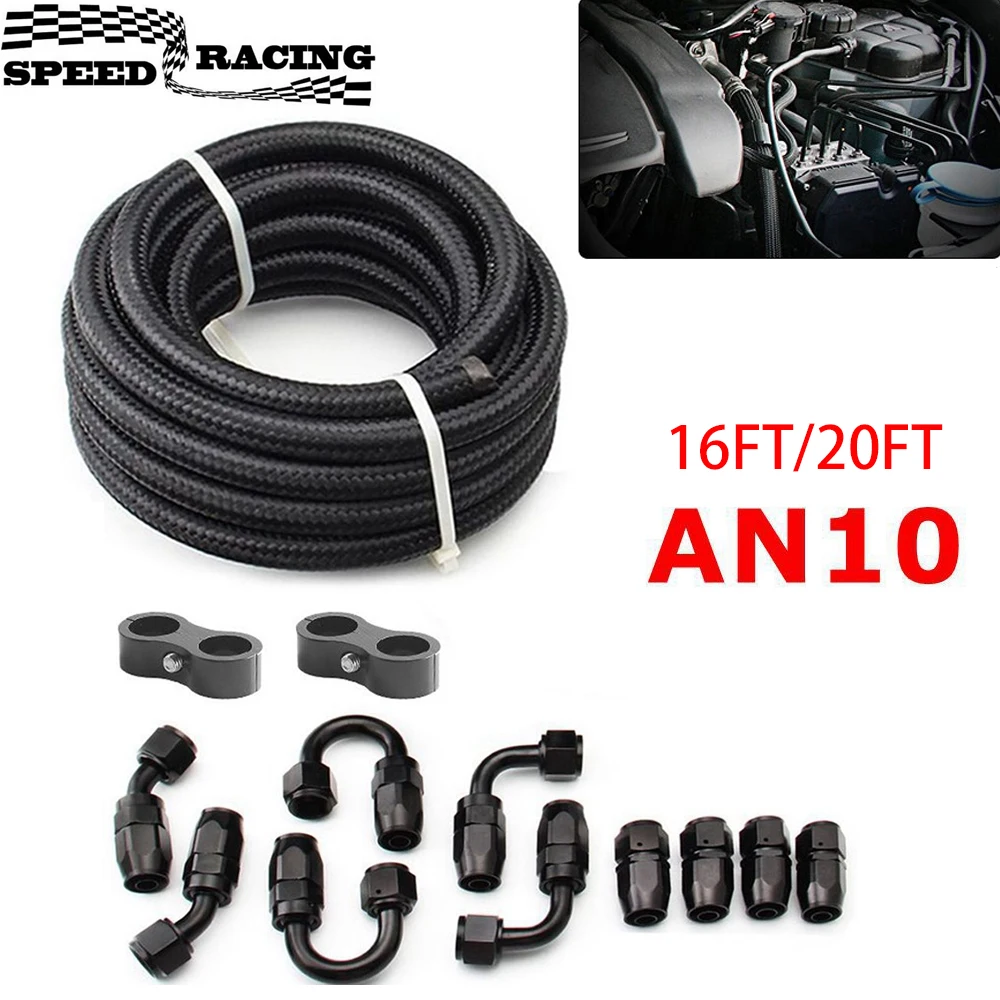 10AN AN10 Oil Fuel Fittings Hose End 0+45+90+180 Degree Oil Adaptor Kit Braided Oil Fuel Hose Line 16FT/20FT Black With Clamps