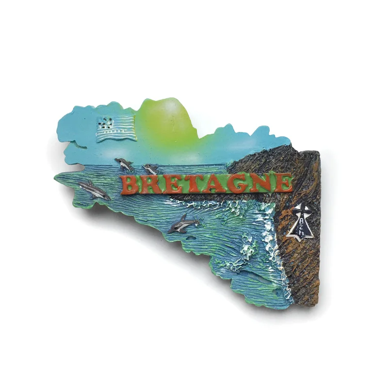 

Bretagne Coastline with Dolphins and Flag- 3D Resin Refrigerator Magnet -Detailed and Colorful Travel Souvenir