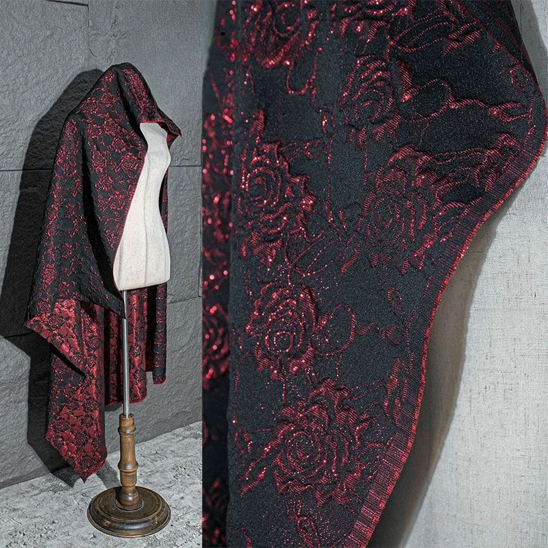 Three Dimensional Dark Red Rose Textured Relief Jacquard Fabric Qipao Clothing Hanfu Designer Fabric