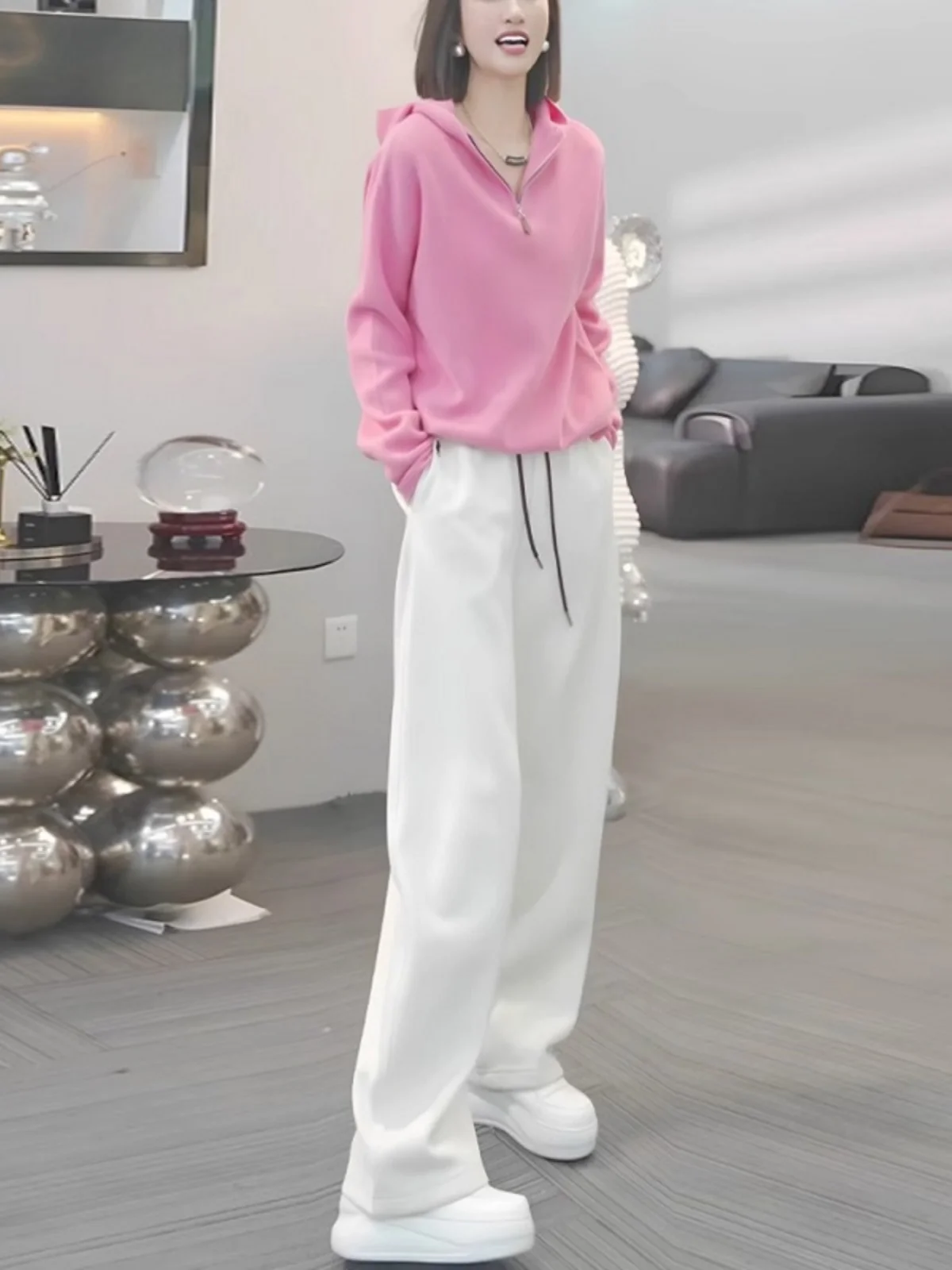 

Korean Style Casual Sportswear Set Women's Pink Hoodie Wide Leg Pants Two Piece Suite Anti Aging Trendy Autumn Collection