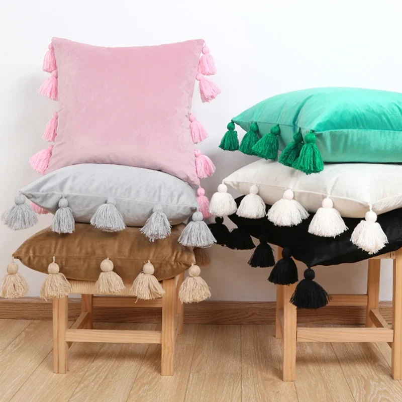 Nordic Solid Velvet Cushion Cover Large Tassel Patchwork Pillow Covers Decorative Minimalist Retro Pillows Decor Home 45x45cm