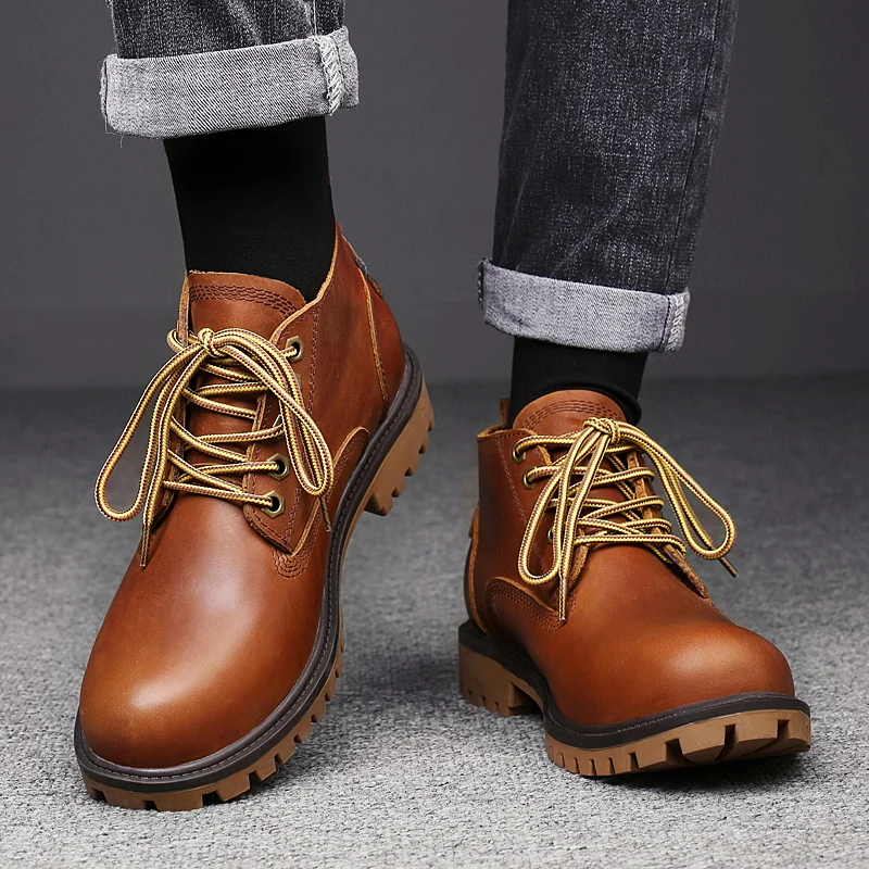 

Men High Top Boots Thick Sole Genuine Leather Round Toe Comfortable Classic Men Boots