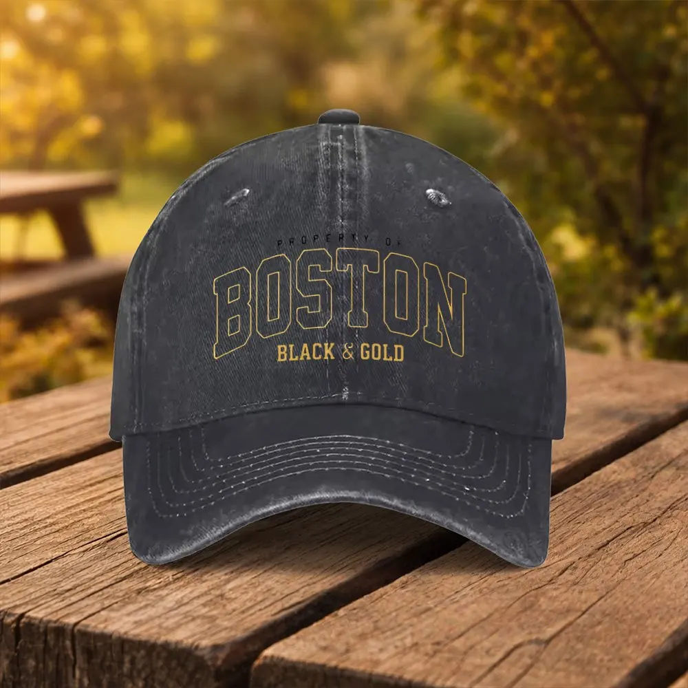1pc Boston Black and Golden Printed Baseball Cap, a Unisex Fashionable Snapback Hat Suitable for Outdoor Sports, Fitness, Travel