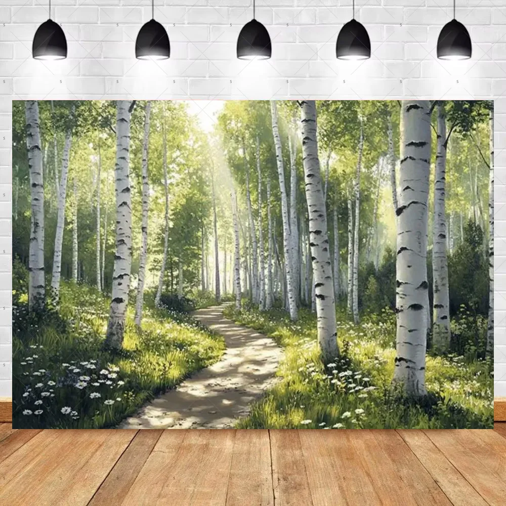 لافتة خلفية لخلفية شجرة البتولا من Sunny Trail، منظر طبيعي للغابات، مستلزمات خلفية للتصوير الفوتوغرافي في بلاد العجائب، استوديو الصور #3