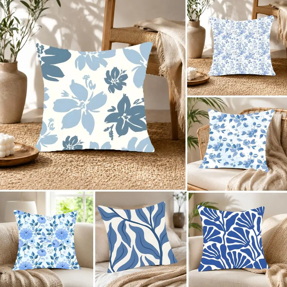 Delicate Serene B-Blue Floral Cushion Cover Fluffy velvet Nordic style plush Living room sofa decorative