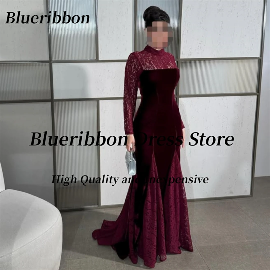 

Blueribbon Burgundy Velour Evening Dresses High Collar Lace Long Sleeves Prom Dress Saudi Arabia Party Gowns Customized
