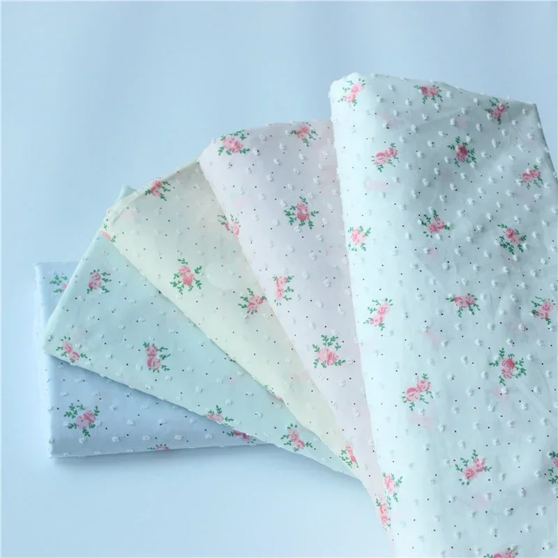 145x50cm White Pink Dot Rose Woven Cotton Jacquard Cut Sewing Cloth, Making Classic Small Floral Children's Clothing Fabric