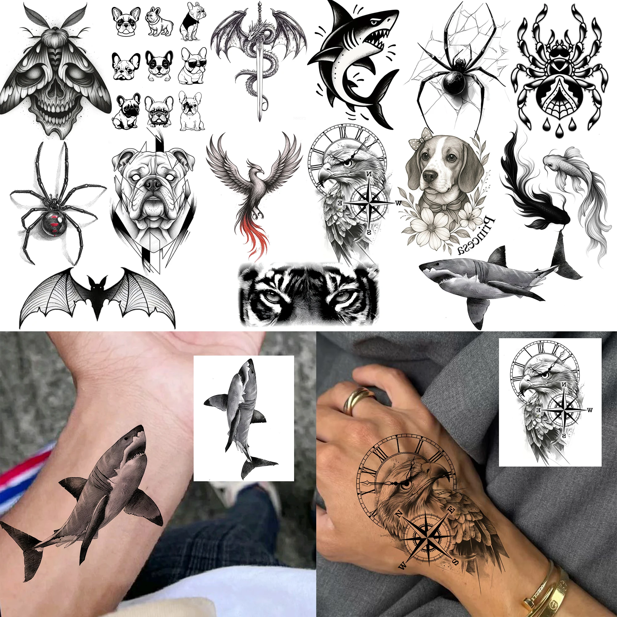 1 Sheet Shark Spider Bat Temporary Tattoos For Adult Hands Wrist, Fake Tattoo Stickers Waterproof Long Lasting Realistic Tatoos