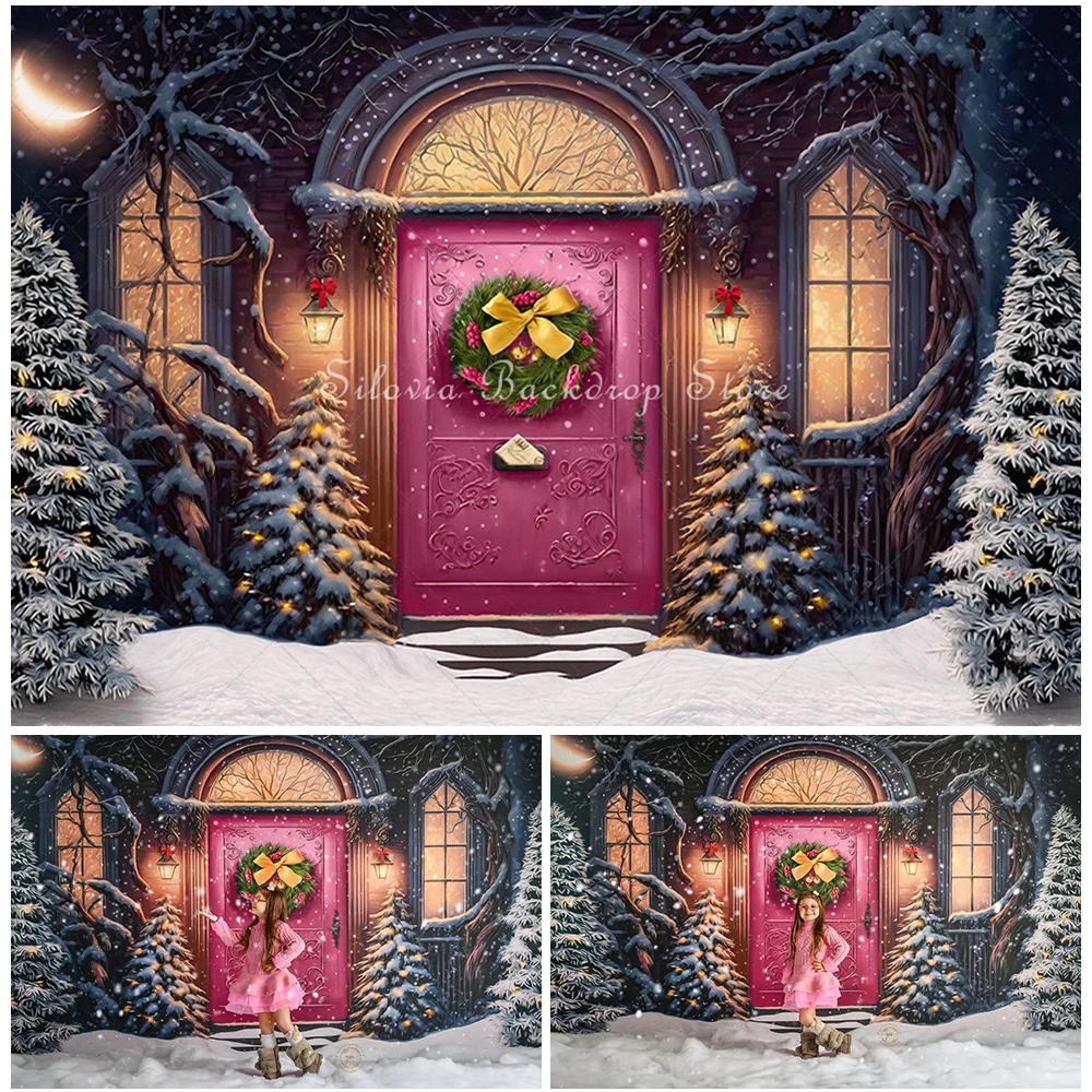 

Winter Snow Pink Door Christmas Photo Background Home For The Holidays Photography Backdrop Kids Portrait Photo Studio Props