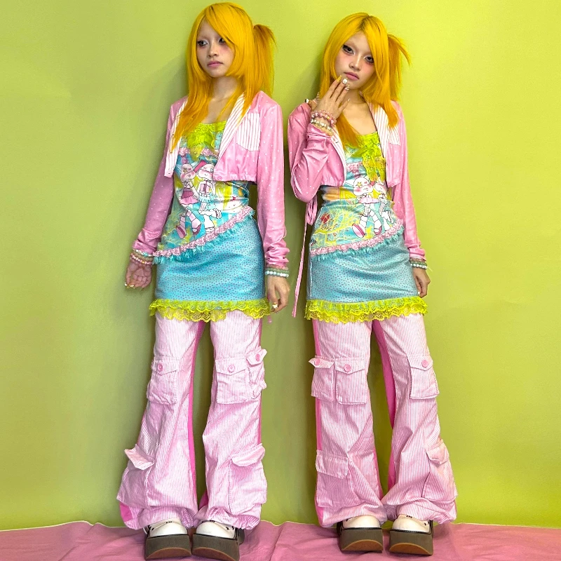 Original Design Pink Polka Dot Striped Splicing Lace-up Women's Jacket Spring Summer Autumn Sweet Cute Retro Short Coat Ladies