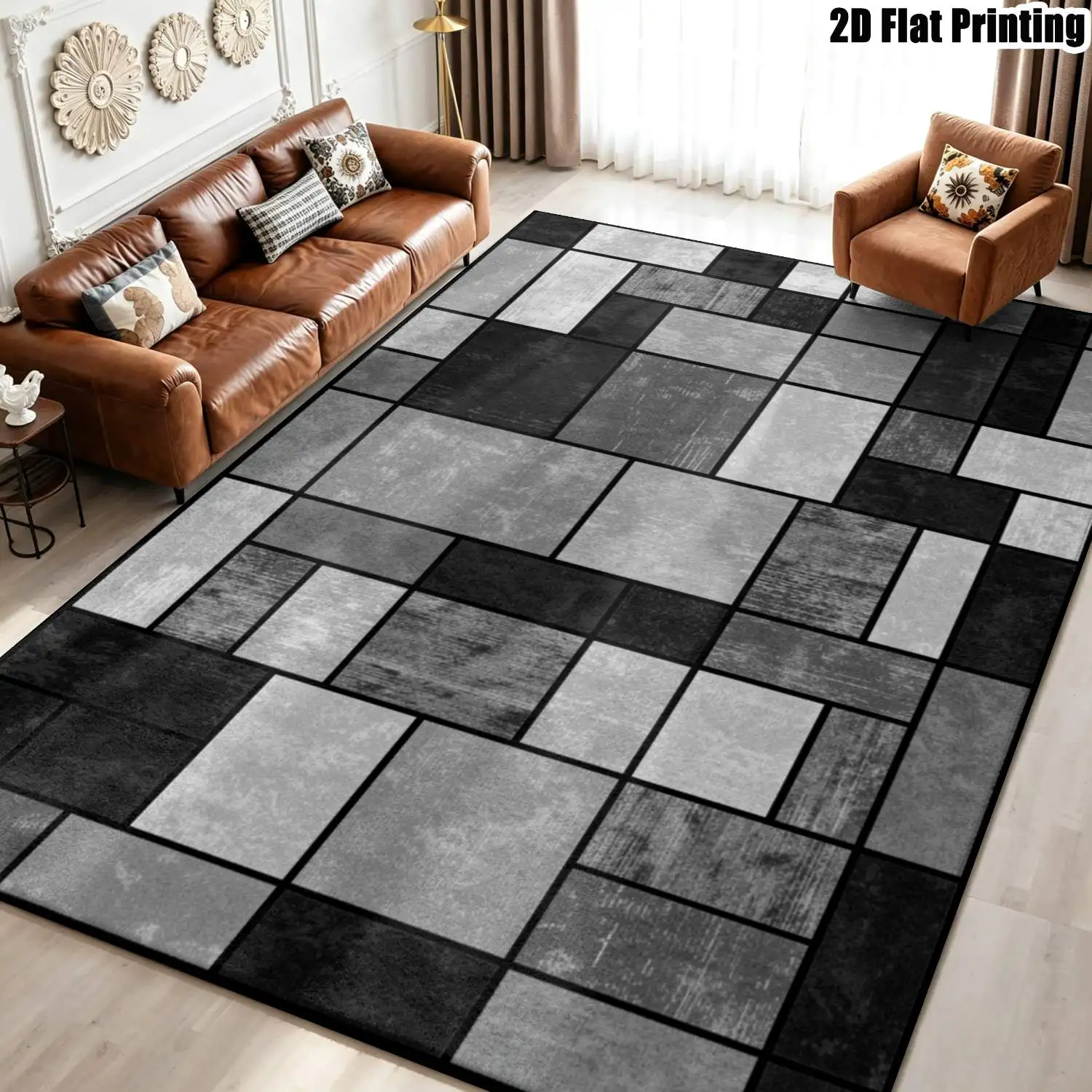 1Pc 2D Printed Geometric Black-Grey-White Carpet: Nordic Modern Minimalist Instagram Vintage Rug for Home Decor, Multi-Size, Machine Washable, for Entryway, Dining, Foyer, Living Room, Bedroom