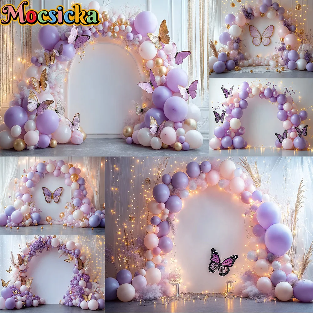 Mocsicka Photography Background Purple Balloon Arch Butterfly Decoration Backdrop Baby Shower Newbron Birthday Party Prom Banner