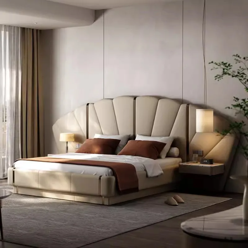 

Genuine Leather Master Bedroom King-size Bed Luxury Home Wedding Shell Bed Authentic Bedside Table Integrated Bed Frame