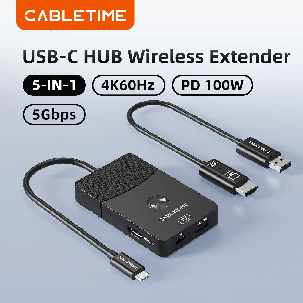 CABLETIME USB C Wireless Extender 5 IN 1 Hub 4K@60Hz Resolution PD100W Fast Charger 5Gbps Data Transmission for Macbook Laptop