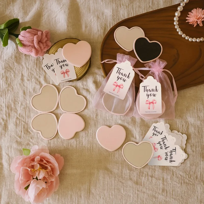 36pcs Gift Set Pink Heart-Shaped Makeup Mirror Pink Gauze Bag with Thank You Card Mini Portable Cute Mirror Wedding Party Favors
