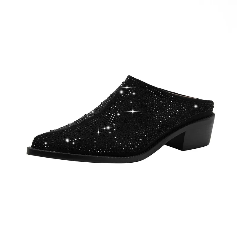 Dilalula New Rhinestone Slippers Women Fashion Covered Toe Thick Heels Crystal Casual Mules Ladies Summer Dress Shoes 2024