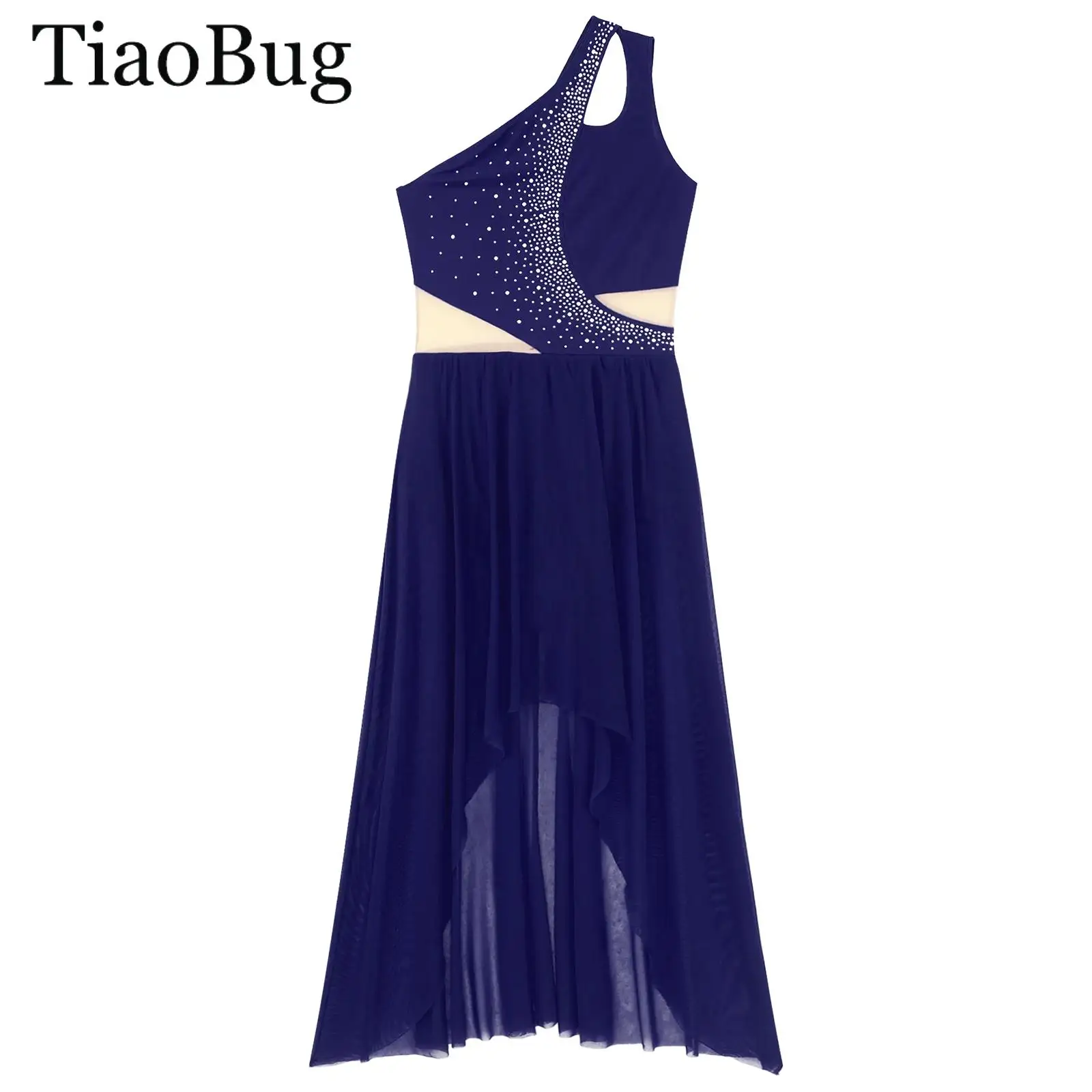 

Women One Shoulder Sleeveless Lyrical Dance Dress High-Low Rhinestone Modern Ballet Gymnastics Leotard Dress Performance Costume