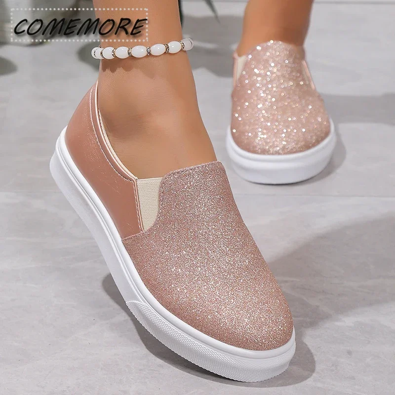 Shiny Gold Sequins Loafers for Women\'s Pu Leather Slip-On Platform Sneakers Woman 2024 Autumn Non-Slip Flats Casual Shoes Ladies