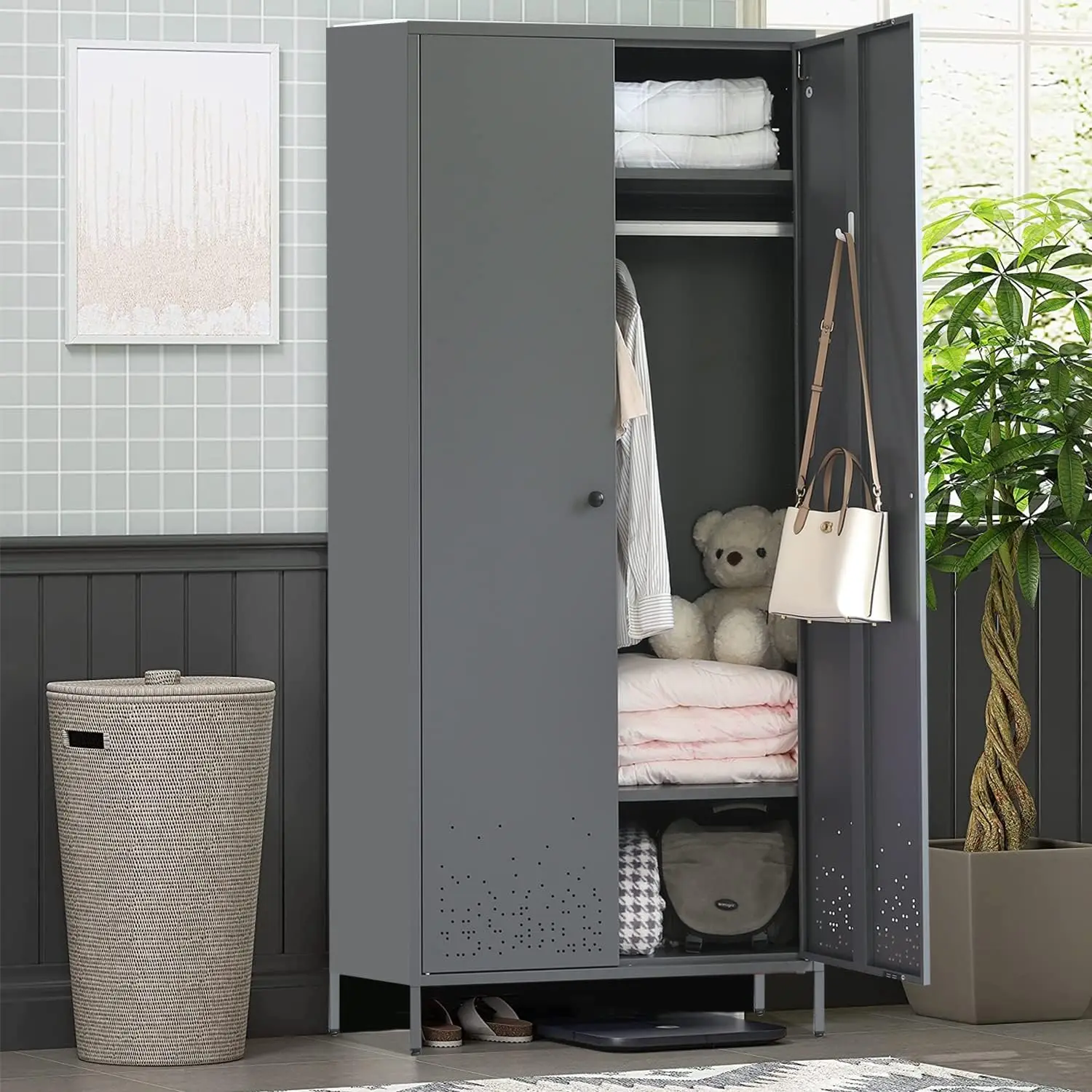 Metal Storage Cabinet with Hanging Rod, Wardrobe Armoire Closet for Bedroom, Laundry Room image 6
