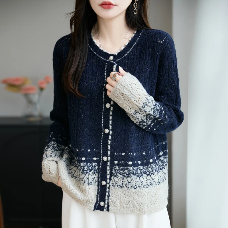 

Elegant Long Sleeve Sweater Cardigan Women New Single-Breasted Female Knitwear Blue Gradient Hollow Knitted Outwear