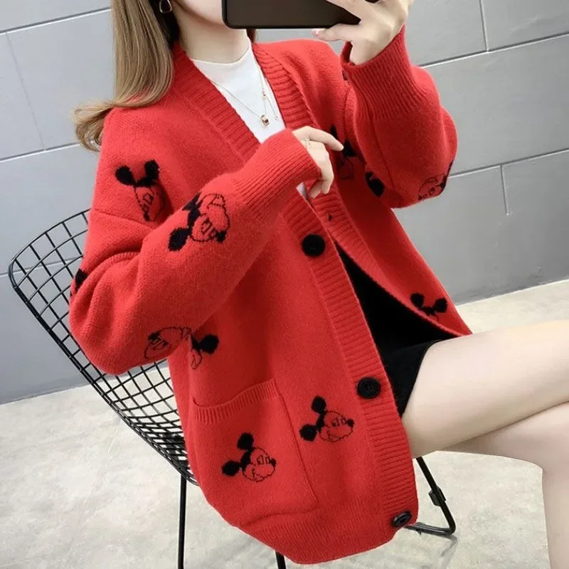 Disney Mickey Mouse Sweater Cardigan Women Cute Cartoon Fashion Long Sleeve Tops Knitted V Neck Y2K Warm Winter Autumn Sweater