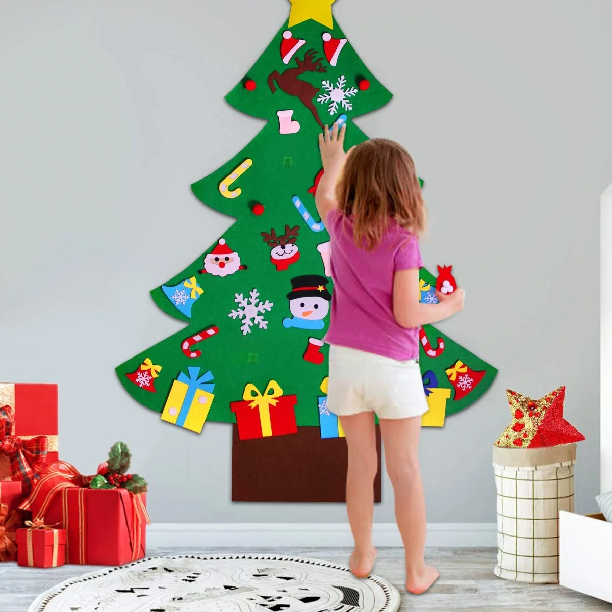 DIY Felt Christmas Tree with 32pcs Ornaments Xmas Gifts for Kids Toddlers New Year Handmade Christmas Door Wall Hanging Decor