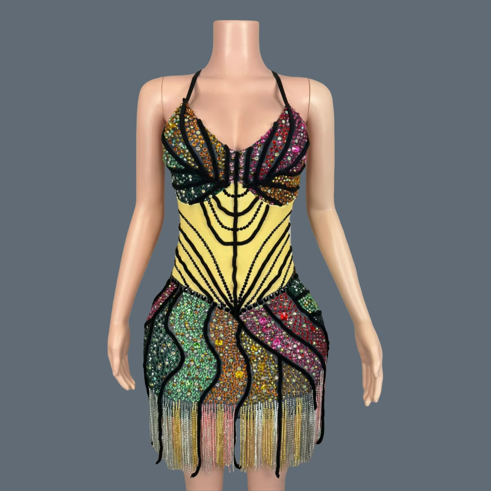 

Brilliant Colorful Sparkly Rhinestone Tassel Short Dress Deep V Neck Party Dress Dancer Wear Festival Celebrate Outfit Caizhuang