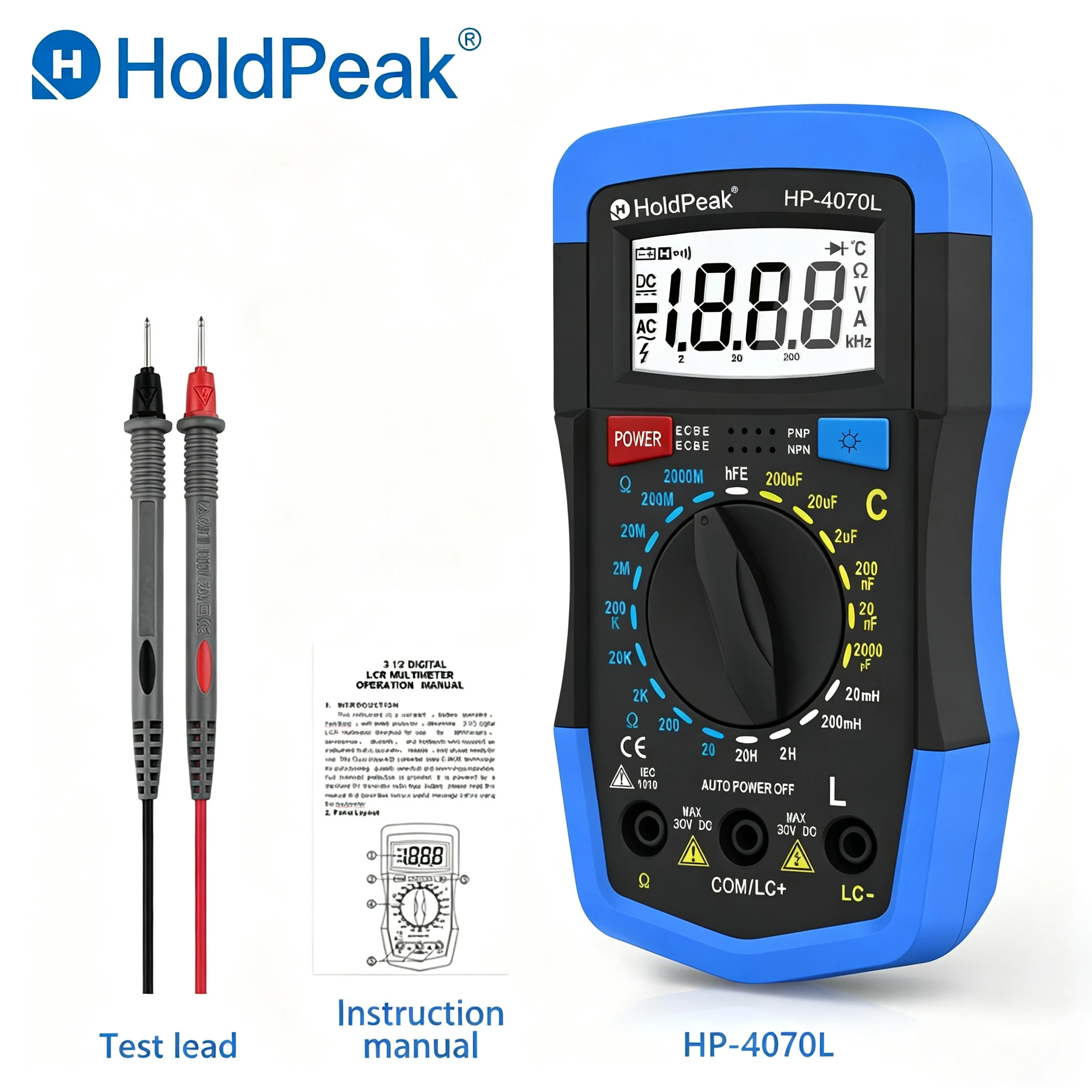 HoldPeak LCR Multimeter 3 1/2 Digits Resistance/Capacitance/Inductance Transistor HFE Test Backlight 9V Battery IEC1010 Portable