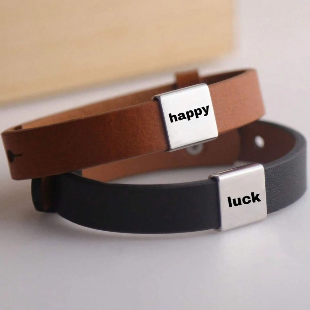 

Регулируемые идентификационные браслеты из нержавеющей стали, бесплатные индивидуальные резные браслеты из воловьей кожи, мужские и женские кожаные ремешки «сделай сам»