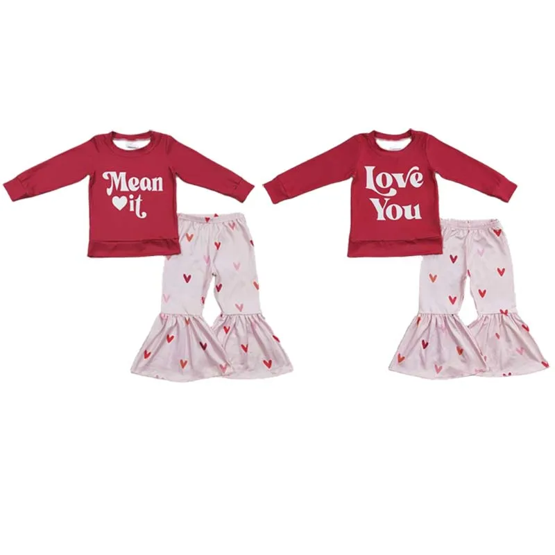 

Baby Girl Valentine's Day Sister Outfit Children Red Long Sleeves Love Shirt Toddler Heart Bell Pants Toddler Kid Spring New Set