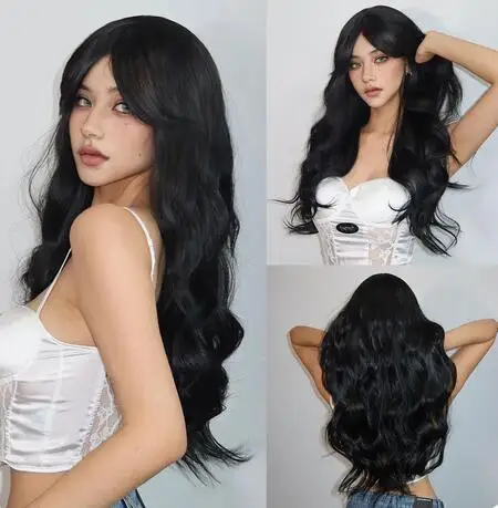 

Black wave shaped long vacation. Wave shaped hair role-playing wigs are suitable for daily warm natural hair