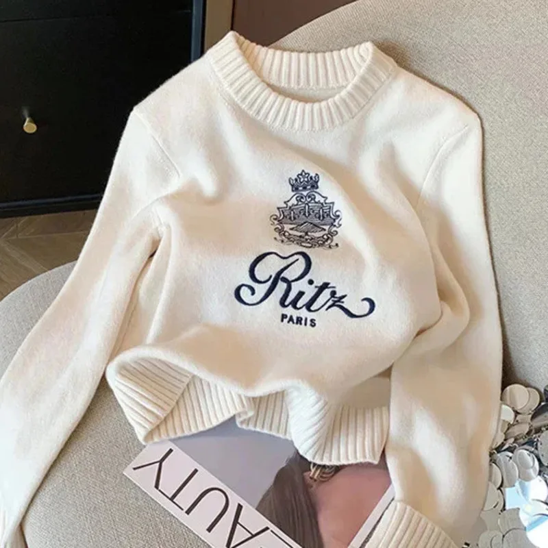 

Letters Embroidery Pullover Sweater 2024 Spring Autumn Women Round Neck Long Sleeve Knitwear Jumper Female Casual Design Tops