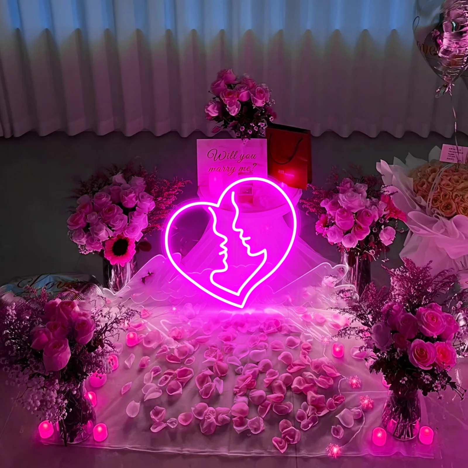 Dekorasi Dinding Neon Hati Lampu Malam LED Kiss Dapat Diredupkan untuk Dekorasi Ruang Tamu Pesta Kamar Tidur Hadiah Valentine Bertenaga USB untuk Pasangan
