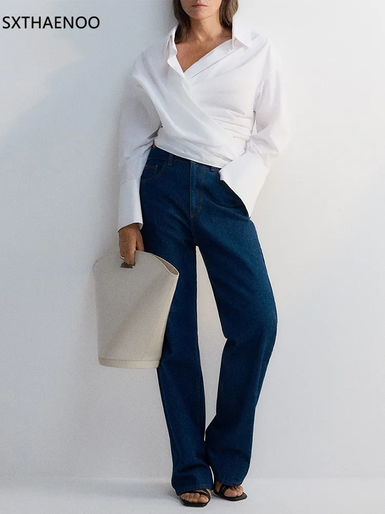 SXTHAENOO Solid Irregular Designer Blouses For Women Lapel Long Sleeve Patchwork Button Casual Blouse Female Fashion Clothing