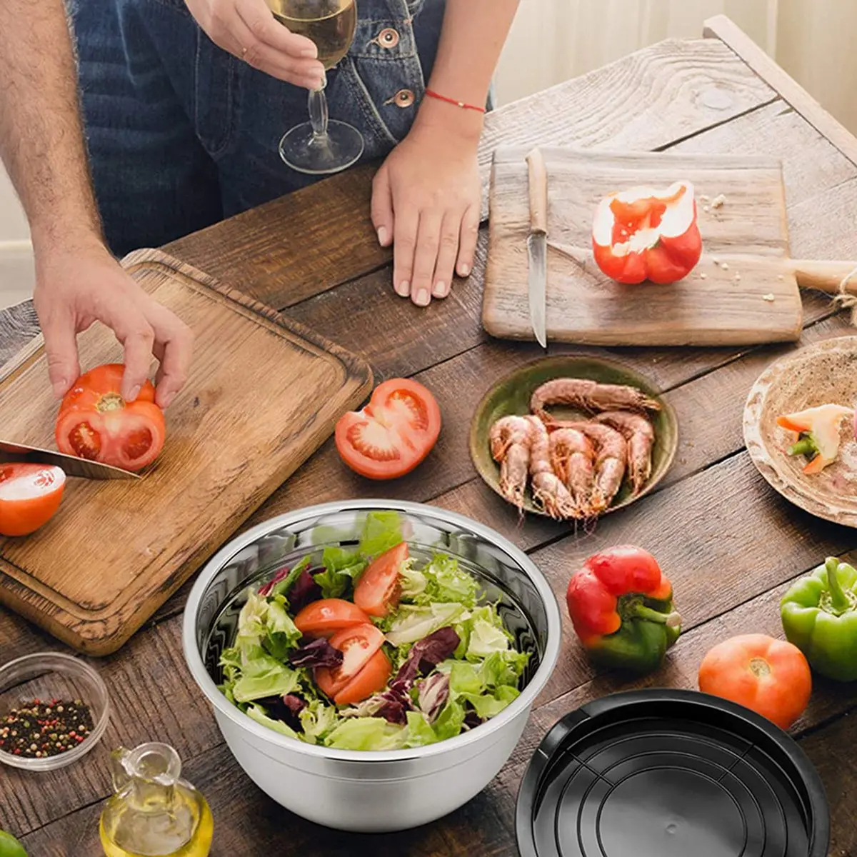 

IALJ-5 Pcs Mixing Bowl,Stainless Steel Salad Bowl With Airtight Lid&Non-Slip Base,Serving Bowl For Kitchen Cooking Baking,Etc