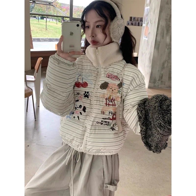 

MEXZT Harajuku Cartoon Short Parkas Women Y2K Striped Puffer Jackets Streetwear Stand Down Coats Winter Cotton Padded Outerwears