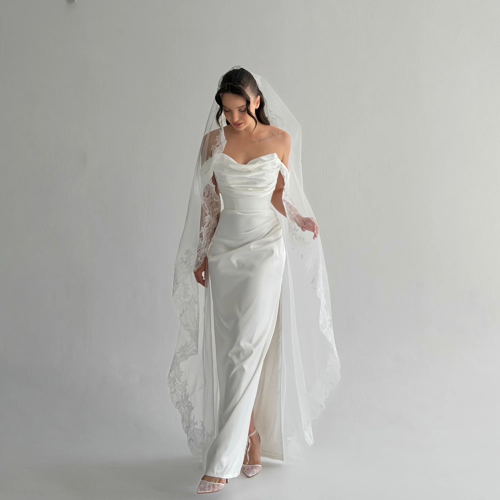Off Shoulder Wedding Dresses Pleated Straight Satin Elegant Bride Party Gowns Side Split Corset свадебное платье Customized