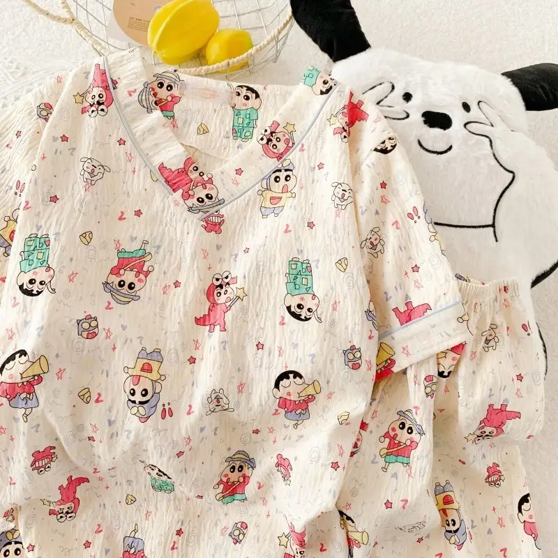 Crayon Shin-Chan Woman's Pajamas Anime Girls Pjs Sleepwear V-Neck Short Sleeved Shorts Two Piece Set Casual Loungewear Kawaii