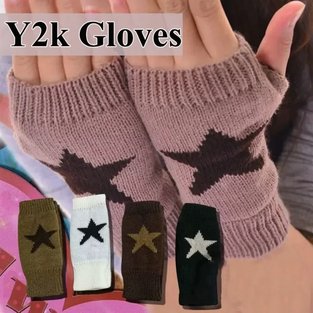 Y2k Knitted Gloves Half Finger Star Gloves Winter Warm Woolen Pentagram Soft Hand Fingerless Emo Gloves Preppy Mittens