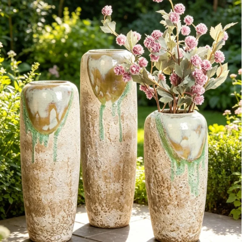 Rustic Glazed Ceramic Floor Vase Set Modern Home Living Room Decorative Planter Ornament Natural Crackled Textured Surface