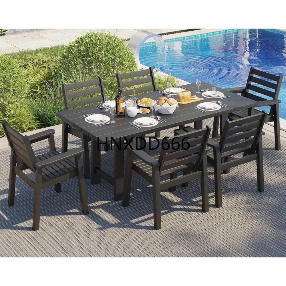 7-Piece HDPE Outdoor Dining Table Set with 6 Chairs,  L Patio Dining Furniture, Outdoor Tables